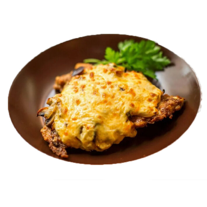 Свинина, запечённая под сыром с грибами