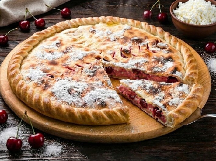 Пирог с творогом и вишней