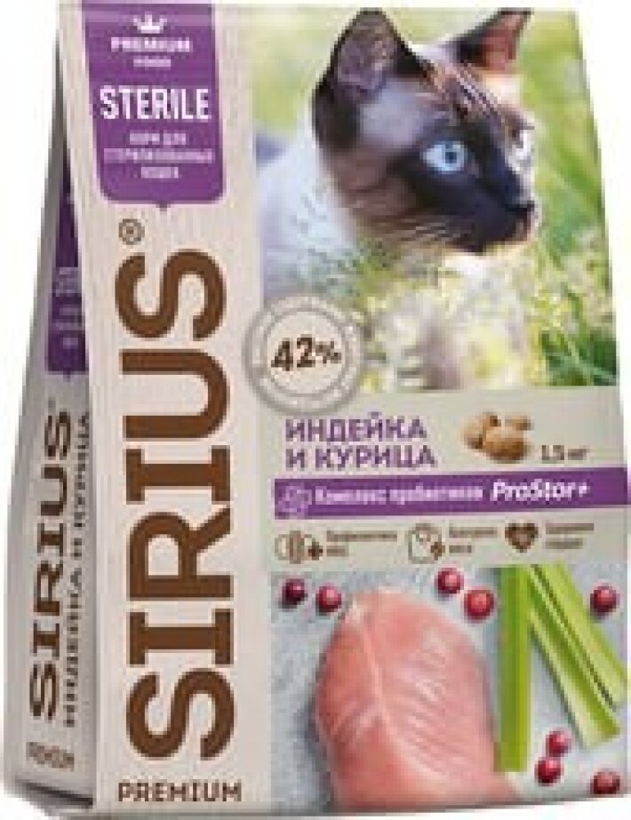 Sirius для стерилизованных с индейкой и курицей Россия