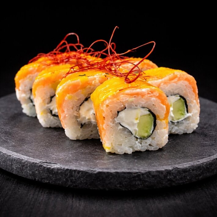 Ролл «Лосось с карамелью и манго соусом»