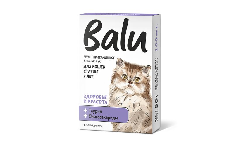 Лакомство мультивитаминное BALU для кошек старше 7 лет "Здоровье и красота", 100 таб.