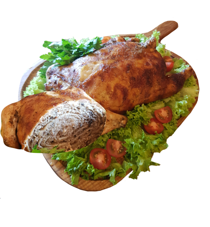 Курица, фаршированная блинами и грибами