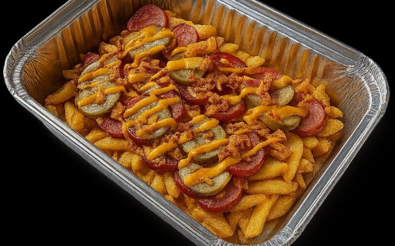Картофель «Из печи» с баварскими колбасками и огурцом