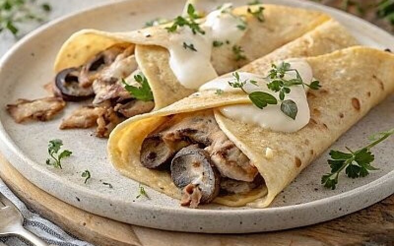 Блин с курицей и грибами в сливочном соусе