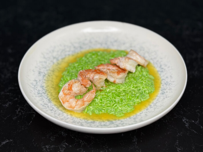 Ризотто с креветками и лимонным гелем