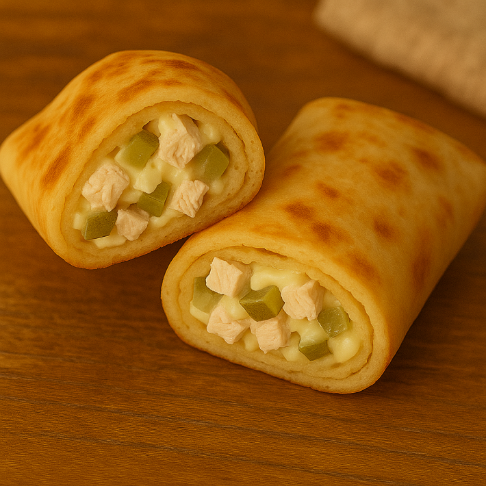 Блинчики с курицей, соленым огурцом и майонезом