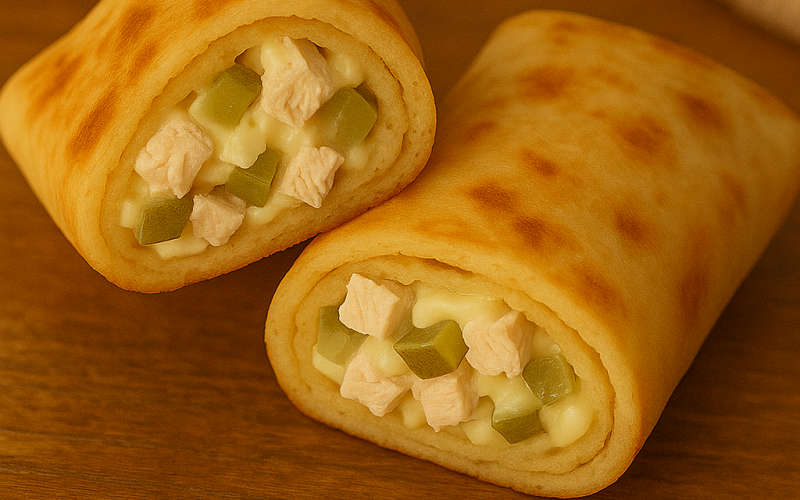 Блинчики с курицей, соленым огурцом и майонезом