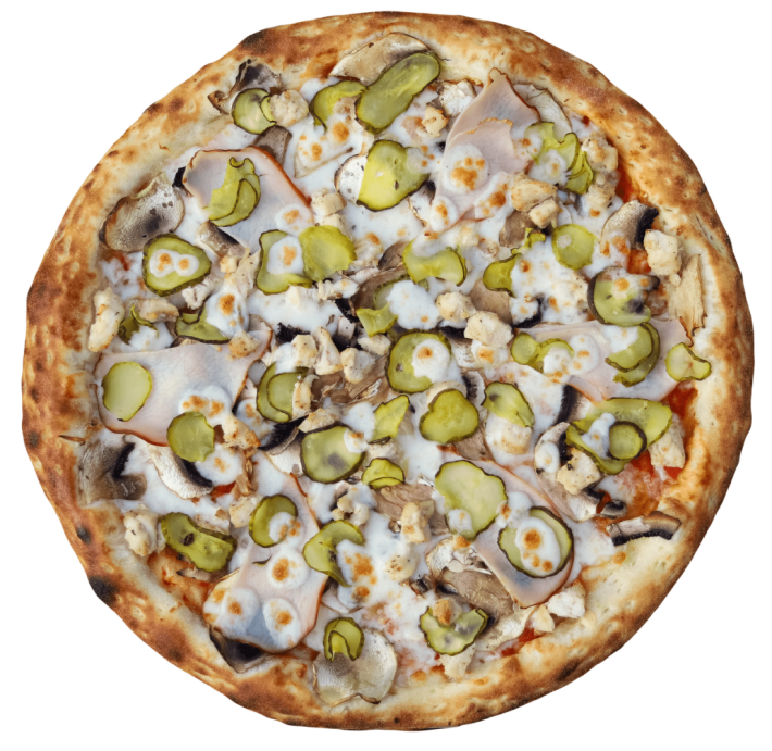 Пицца ветчина, курица, грибы