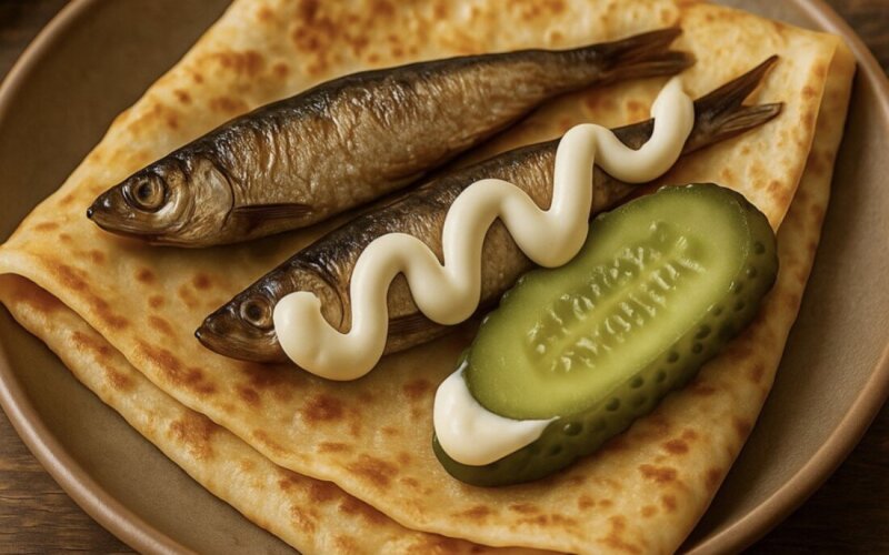 Блинчик со шпротами и маринованным огурчиком