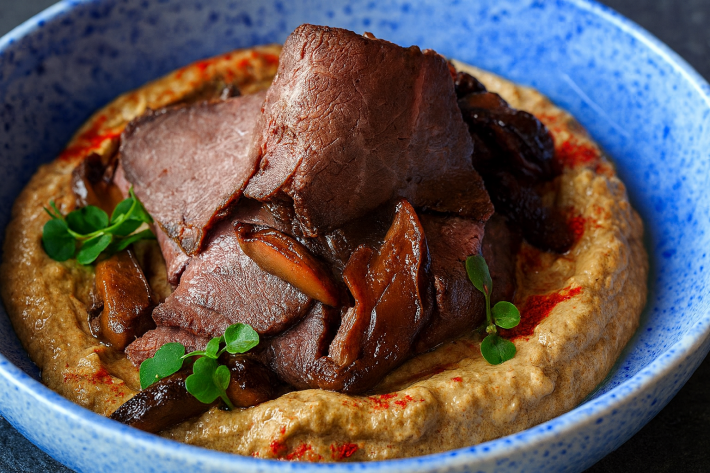 Ростбиф с бабаганушем и маринованными шиитаке