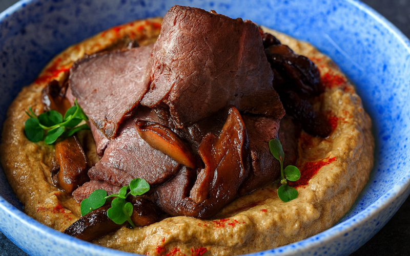 Ростбиф с бабаганушем и маринованными шиитаке