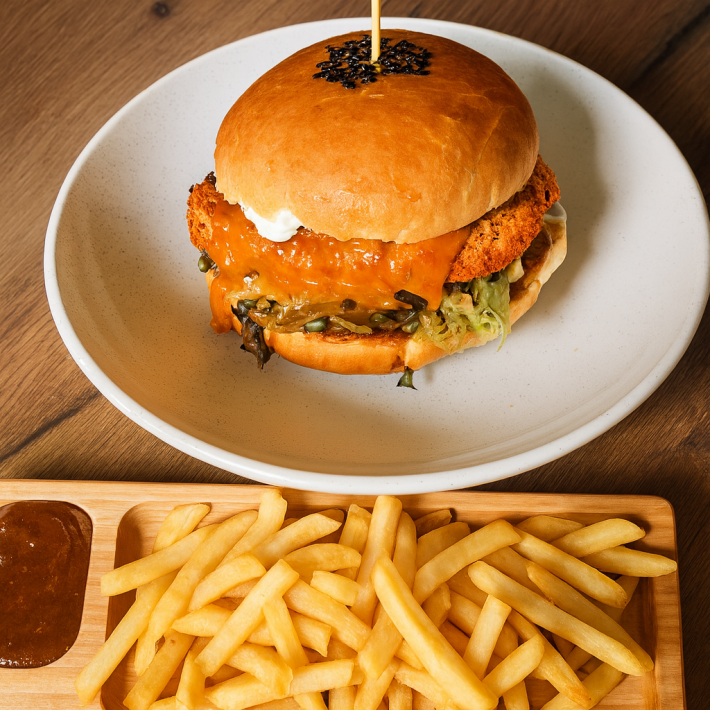 Бургер с цыпленком и картофелем