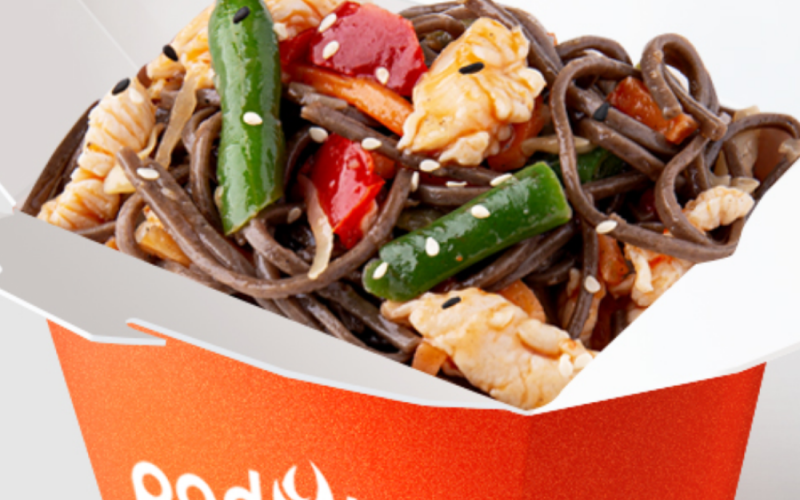 Курица в кисло-сладком соусе с лапшой соба