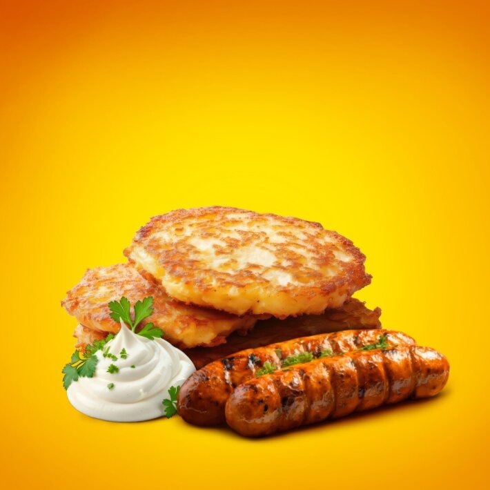 Драники со сметаной и колбасками BBQ