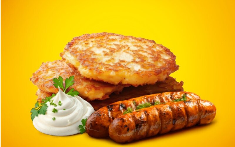Драники со сметаной и колбасками BBQ
