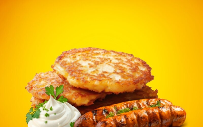 Драники со сметаной и колбасками BBQ