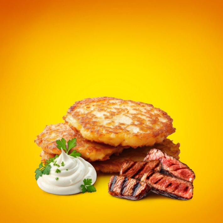 Драники со сметаной и говядиной гриль