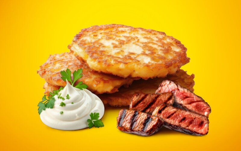 Драники со сметаной и говядиной гриль