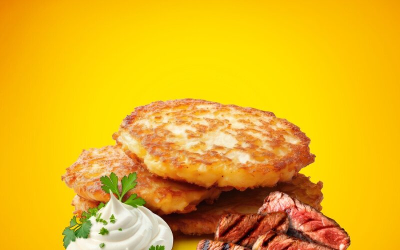 Драники со сметаной и говядиной гриль