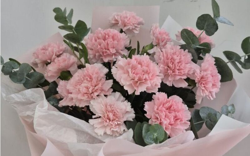 Букет из диантусов с эвкалиптом