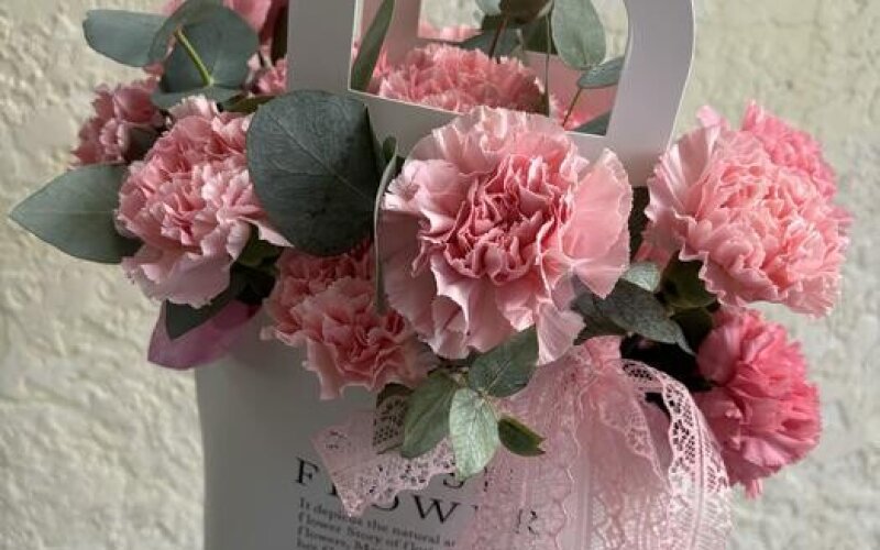 № 70 Композиция из стойких, ярких розовых диантусов и эвкалипта в сумочке Fresh Flower