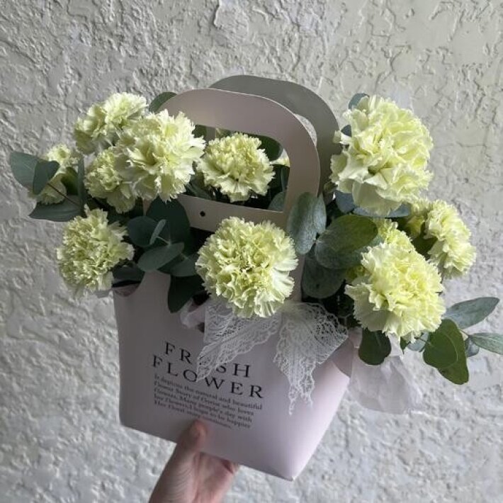 №71 Стойкие, нежные , салатовые диантусы с ароматным эвкалиптом в сумочке «Fresh flower»