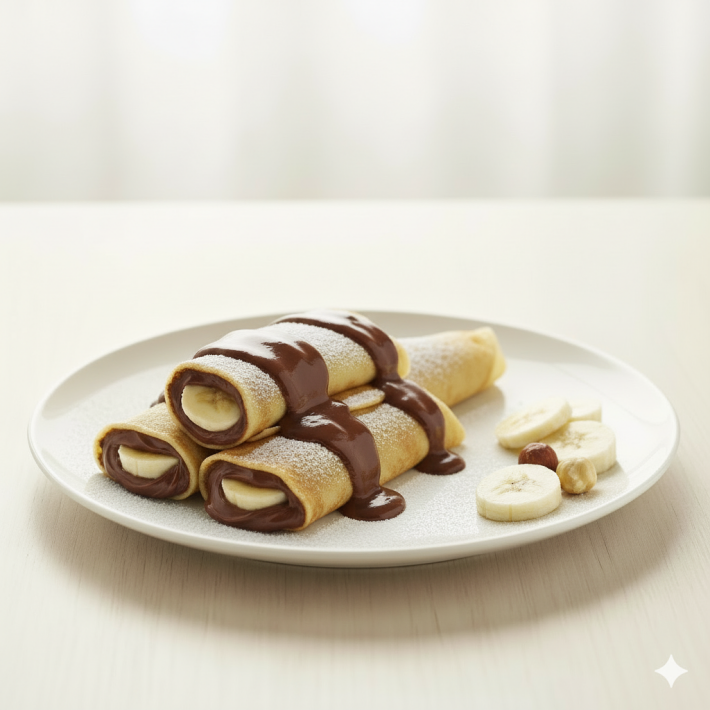 Блинчики с творогом, ореховой пастой и бананом.