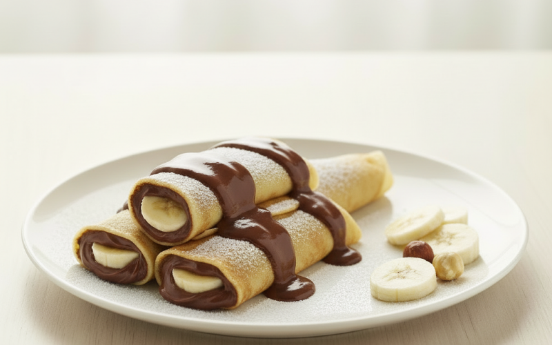 Блинчики с творогом, ореховой пастой и бананом.