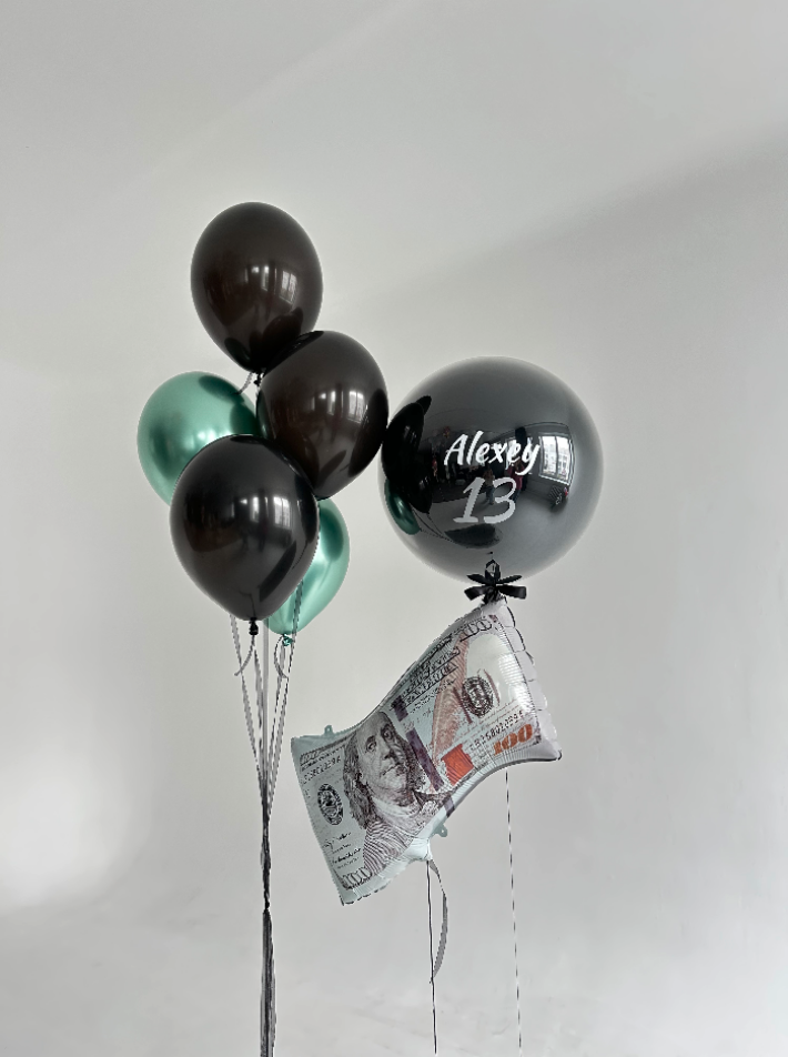 Стеклянный шар с индивидуальной надписью, фигура «Купюра» и фонтан из 5 шаров