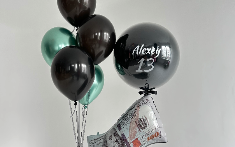 Стеклянный шар с индивидуальной надписью, фигура «Купюра» и фонтан из 5 шаров