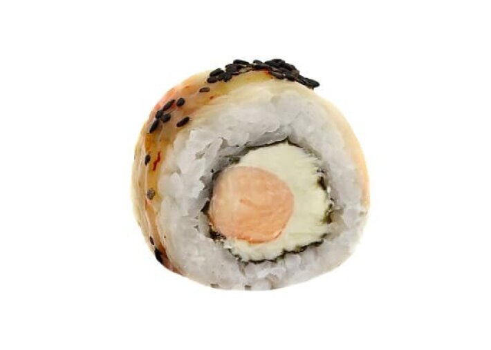 Ролл с опаленным окунем и креветкой