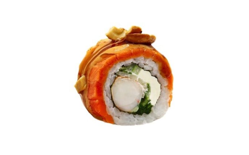 Ролл с лососем татаки и бланшированым шпинатом