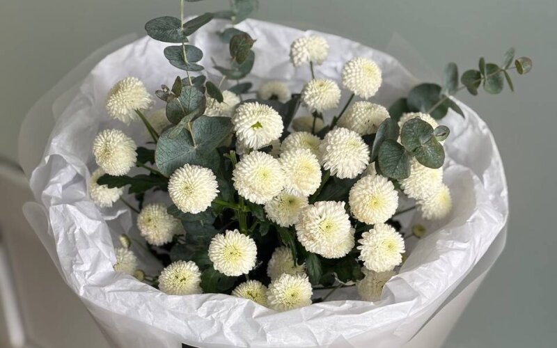 Моно букет из кустовой хризантемы и эвкалипта