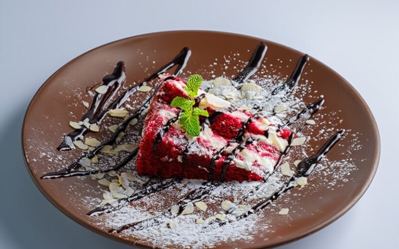 Десерт «Красный бархат с шоколадным топпингом»