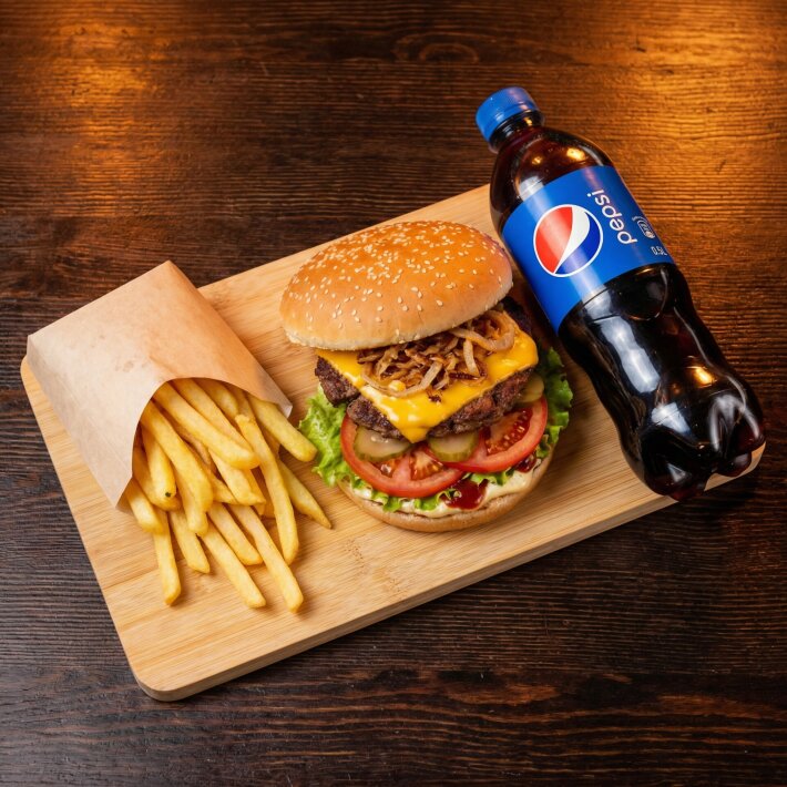 Чизбургер «Кусай» + картофель фри + пепси