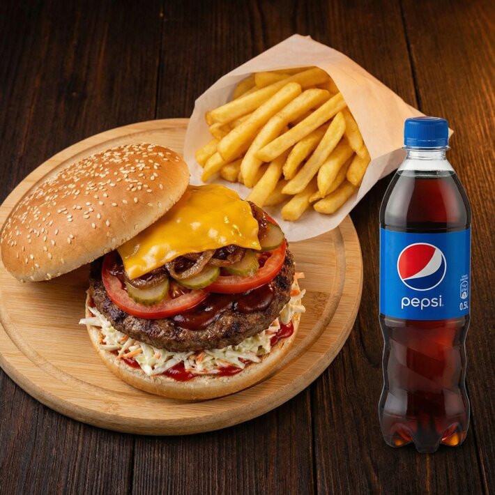 Чизбургер «Ливанский» + картофель фри + пепси