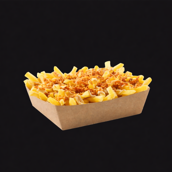 Картофель фри с жареным луком и сырным соусом