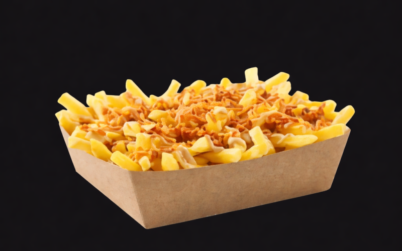 Картофель фри с жареным луком и сырным соусом
