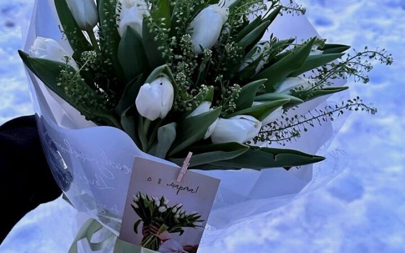 Букет 15 тюльпанов с зеленью