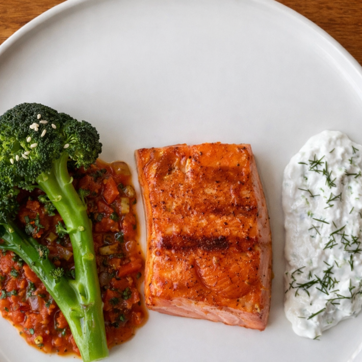 Стейк из лосося с брокколи
