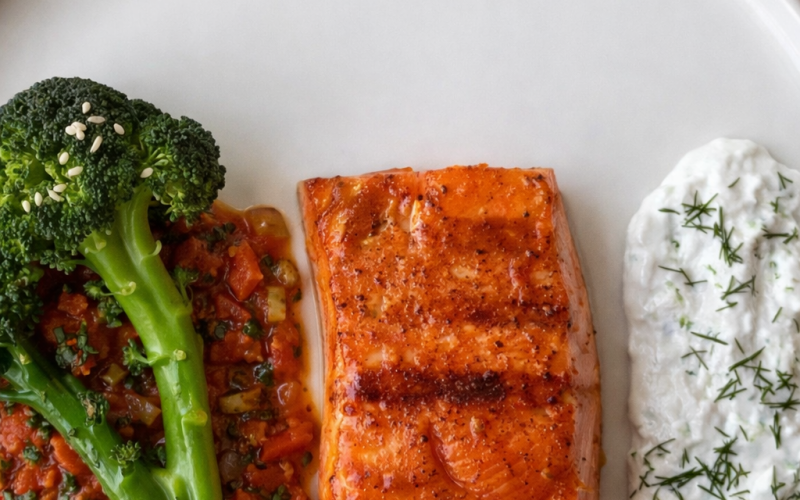 Стейк из лосося с брокколи