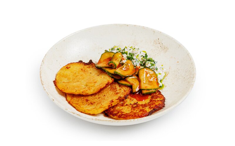 Драники с риетом из копченого судака