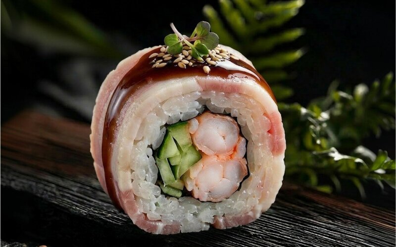 Ролл с беконом и креветкой