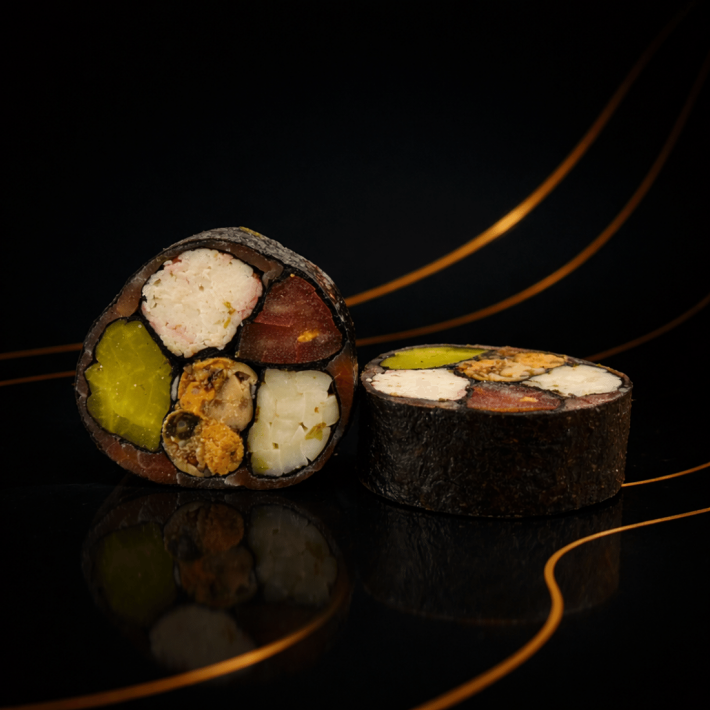 Кето ролл(мидии, креветка, краб) в лососе