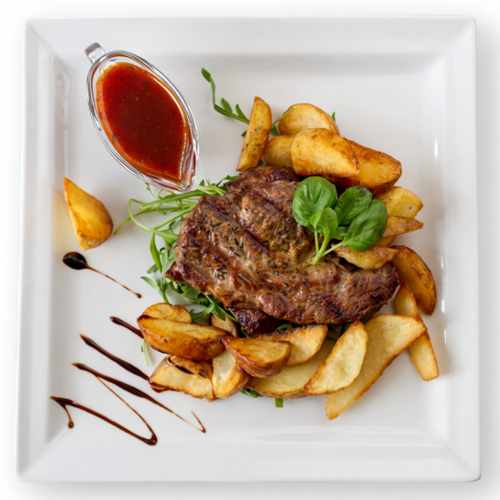 Стейк из свиной шеи с запеченным картофелем и кисло-сладким  соусом