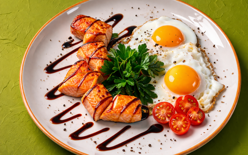 Яйца с сосисками и помидорами «Черри»