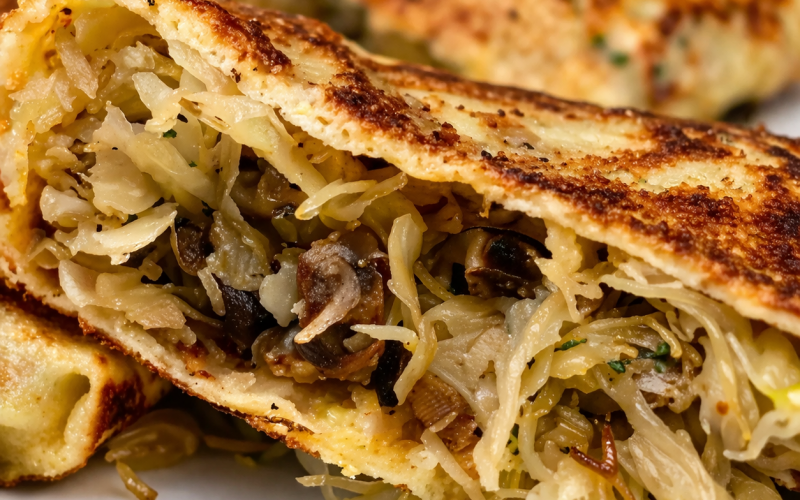 Блины с тушеной капусты и баварскими колбасками