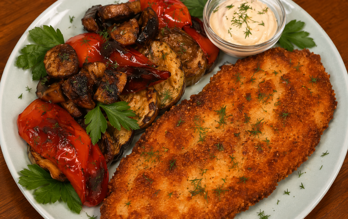 Шницель куриный с овощами гриль