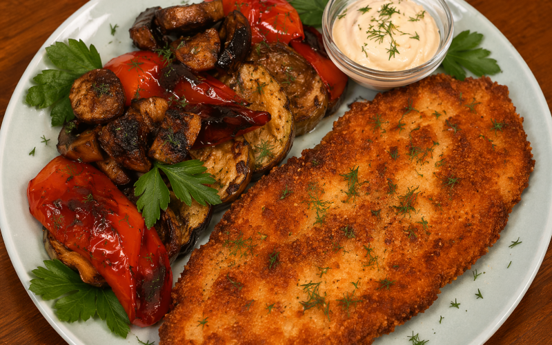 Шницель куриный с овощами гриль