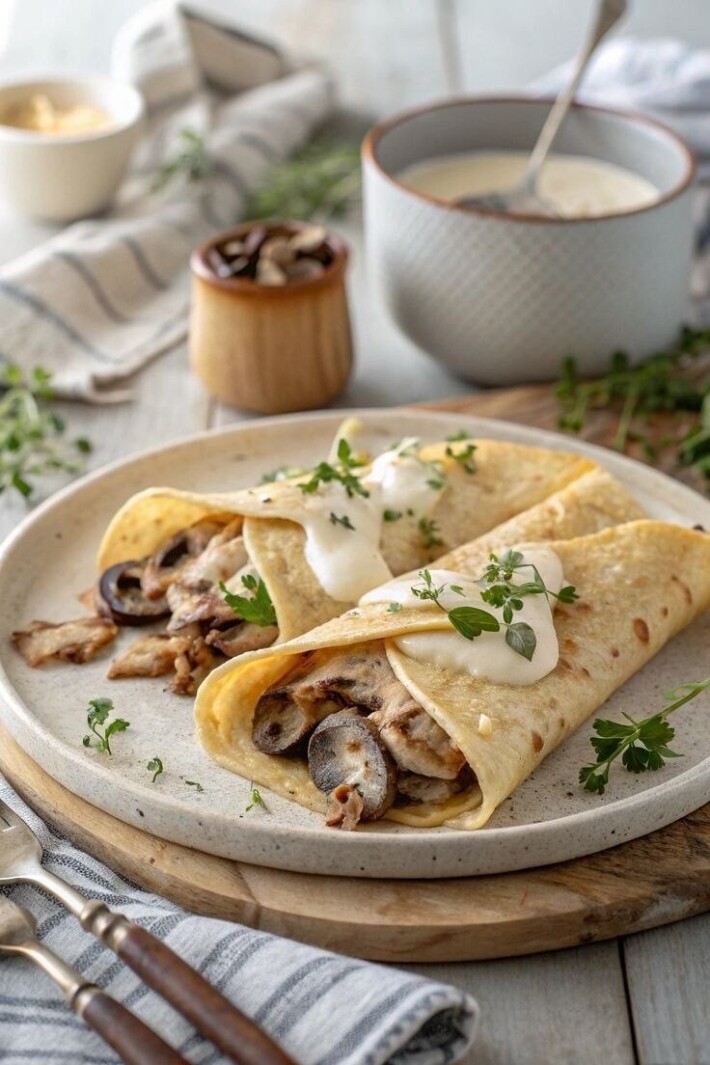 Блин с курицей и грибами в сливках